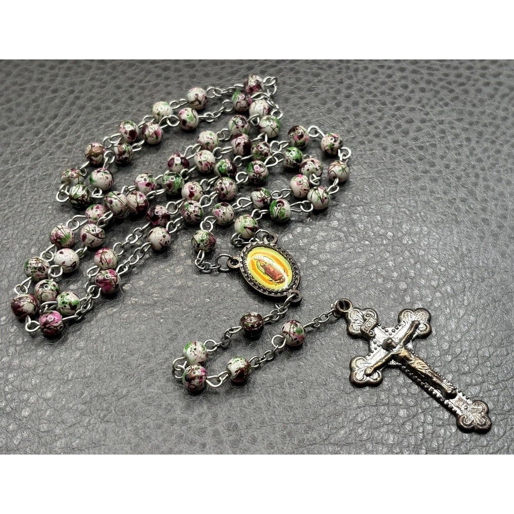 Vintage Creed Rosary Necklace Enamel Speckled Painted Beads Crucifix Cross 27"